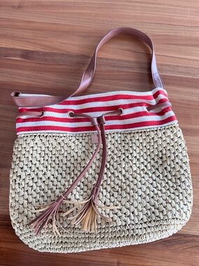 Striped Trim Straw Tote with Red Accent